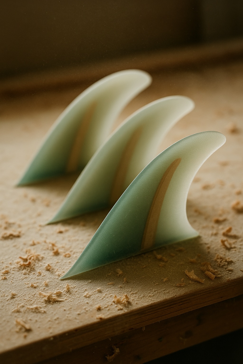 A set of three foiled surfboard fins on a workbench, sharp trailing edges catching daylight.