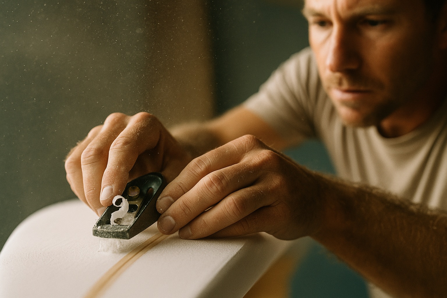 A shaper's hands running a small block plane down the rail of a foam blank, thin curls of foam peeling up, face just lit at the edge of frame.