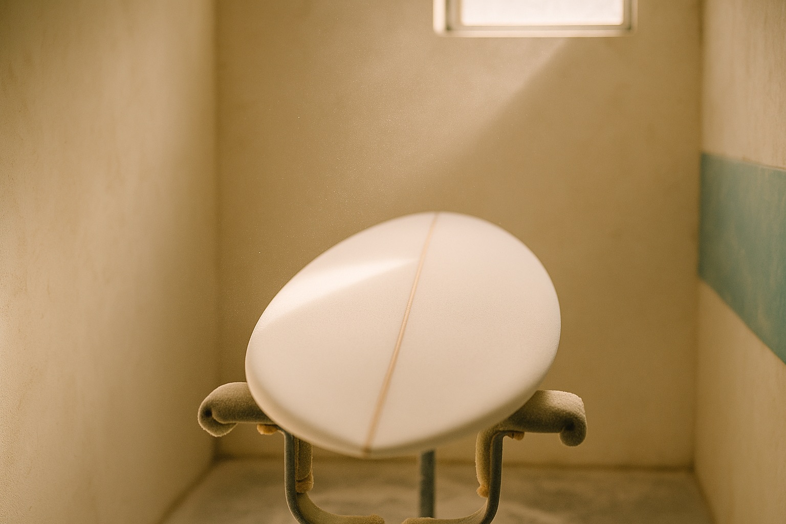 A bare white foam surfboard blank on padded racks in a shaping bay, its basswood stringer line catching light, foam dust hanging in a shaft of daylight.