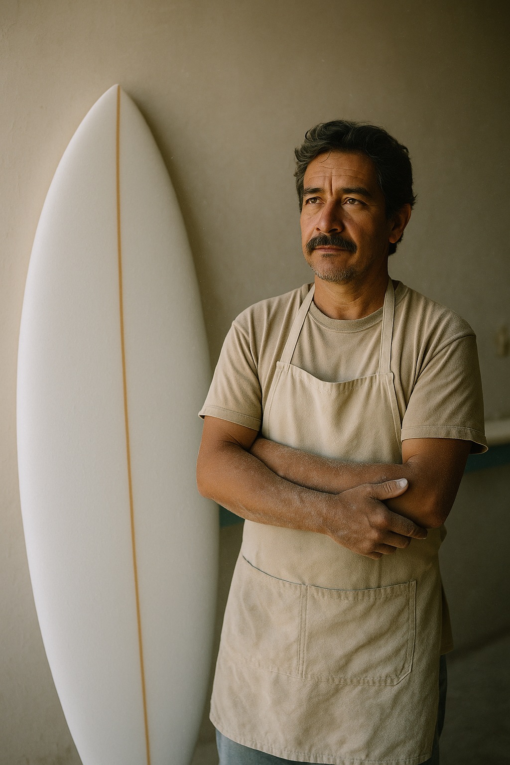 A surfboard shaper in a dust-flecked apron standing beside a finished board against a plaster wall, foam dust in soft daylight.