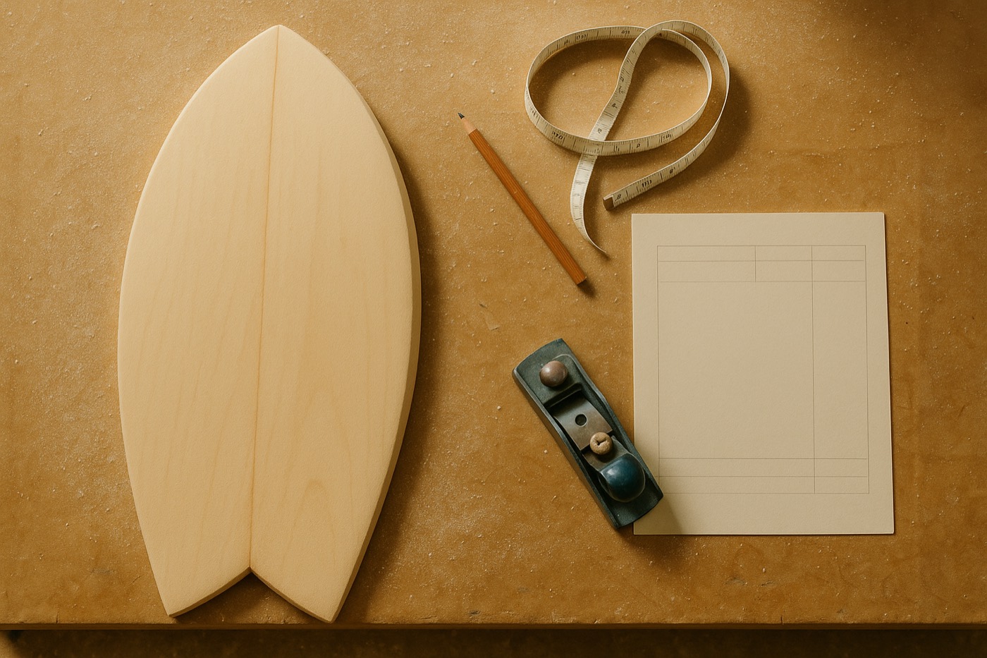 A shaper's bench with a wooden template, pencil, tape, block plane, and a blank spec sheet — the start of a commission.