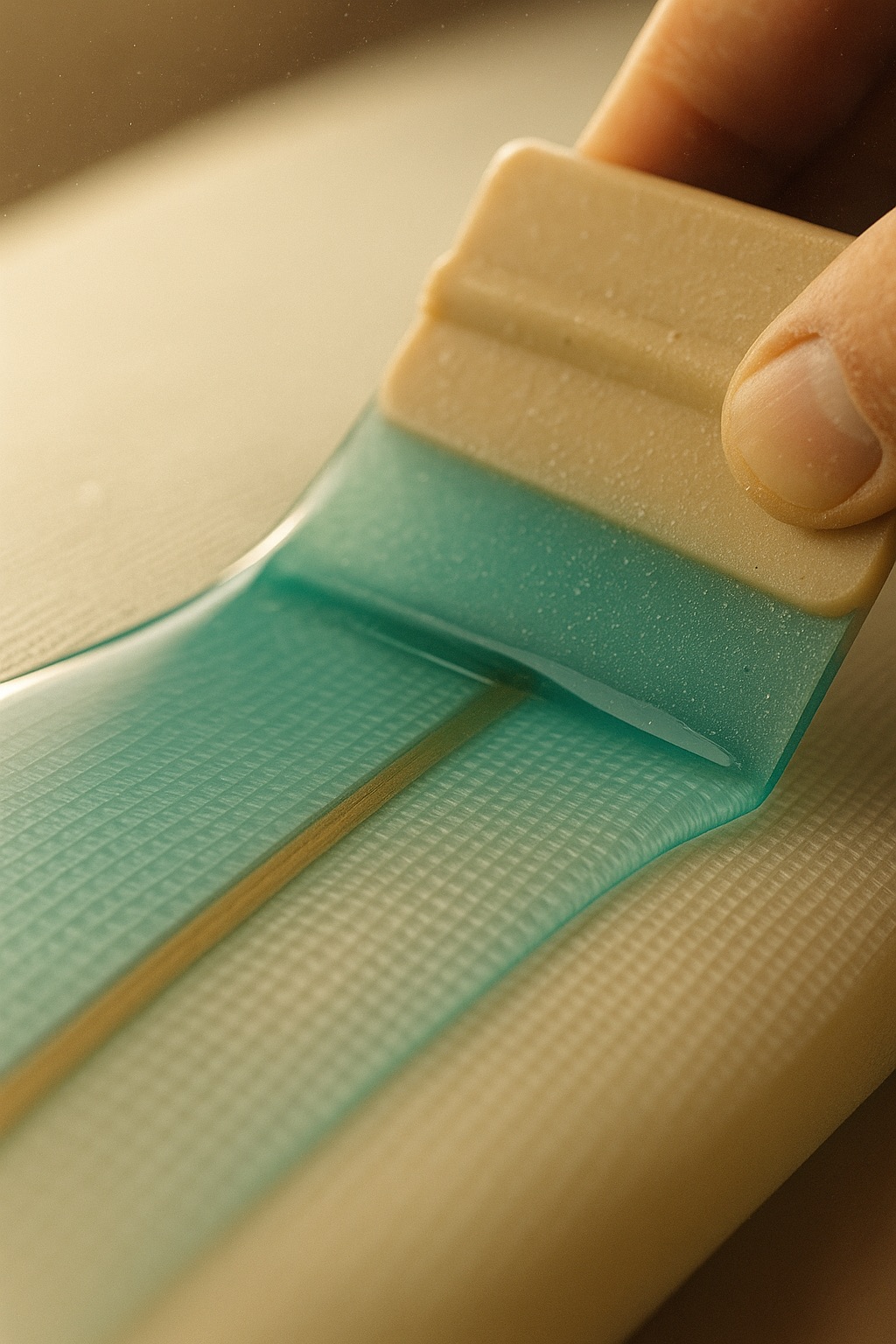 Sea-green teal resin being drawn across woven fibreglass cloth on a surfboard deck, the weave visible under the wet tint.