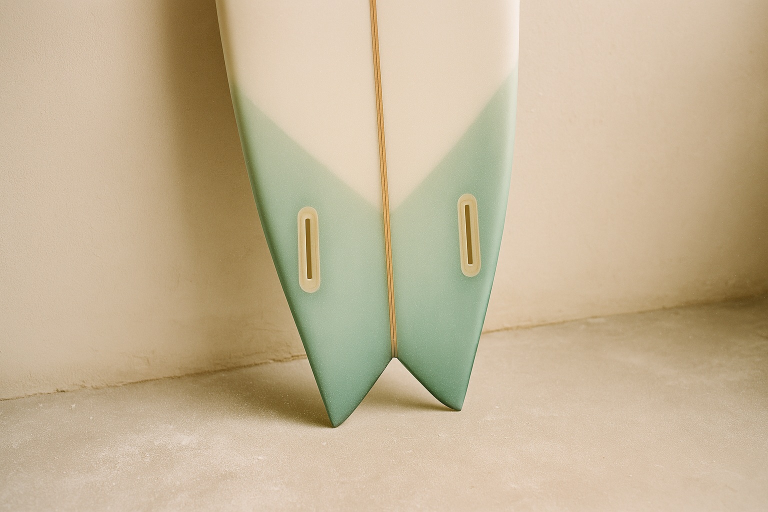 Finished surfboard: No. 219 — the twin, teal tint